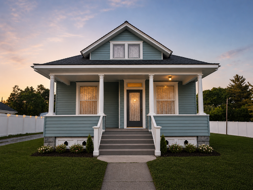 Small blue-gray house with a front porch, white trim, and steps, viewed at dusk. 210 Clay Ave. Plattsburg, MO