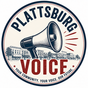 Plattsburg Voice logo with megaphone, red and blue text, and tagline “Your community. Your voice. Our future.”