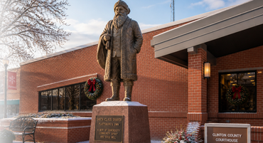 Bronze statue on pedestal outside a red-brick building with snow on the ground and wreath decorations