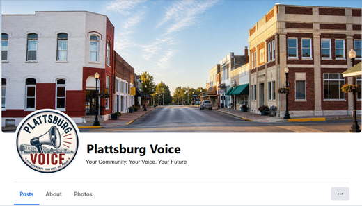 Plattsburg Voice Facebook header showing a downtown street scene with brick buildings at sunrise