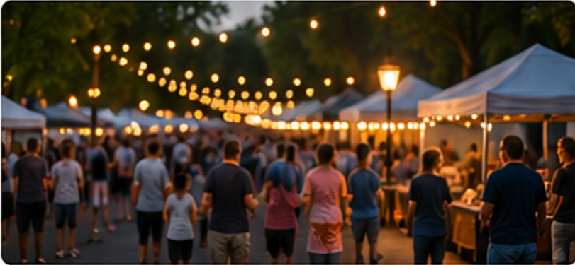 Crowd walking through a warmly lit outdoor market with tents and string lights at dusk