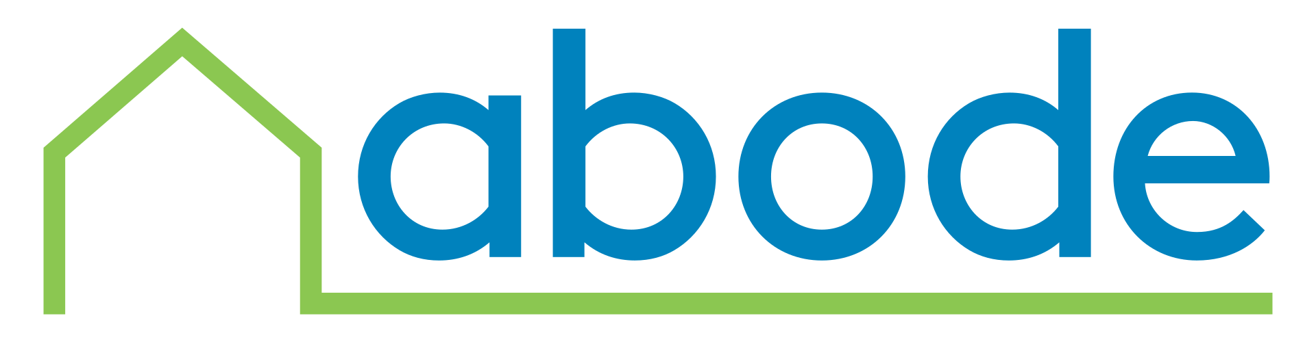 A blue and green logo for abode with a house in the background.