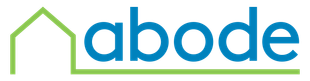 A blue and green logo for abode with a house in the background.