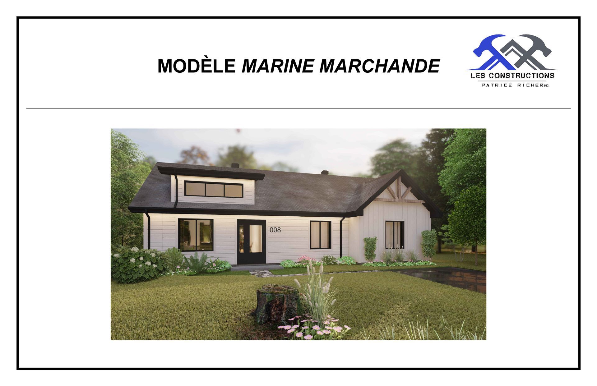 Une maison blanche avec un toit noir est assise au sommet d'un champ vert luxuriant.