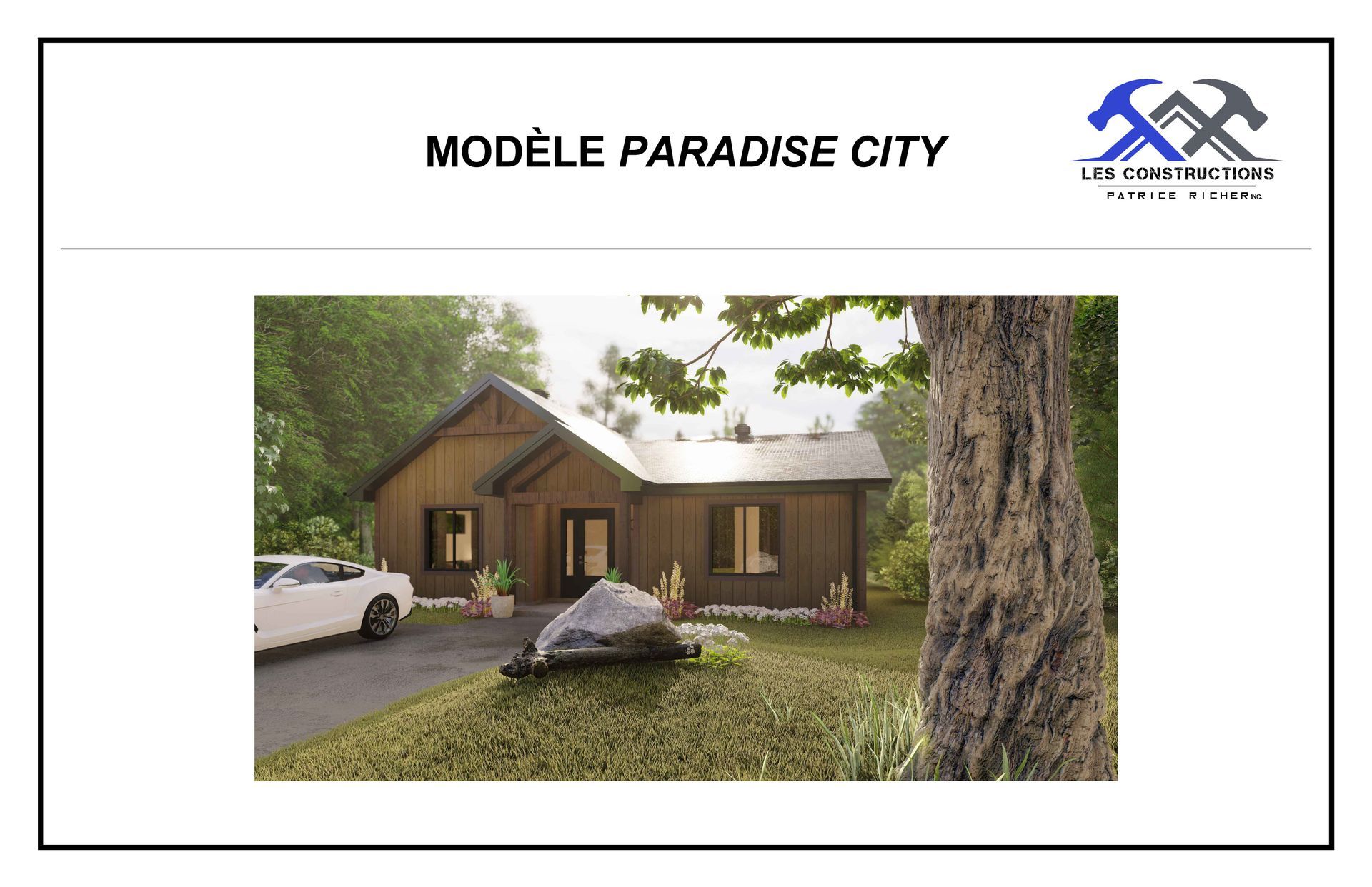 Une voiture blanche est garée devant une maison en bois.