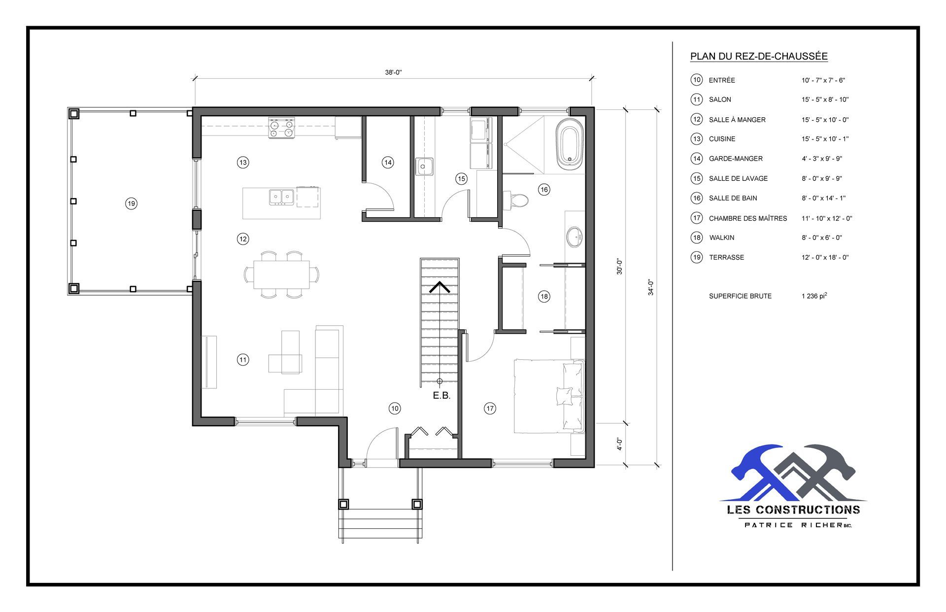 Un plan d'étage en noir et blanc d'une maison.