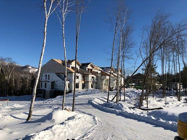 Une allée enneigée avec une maison en arrière-plan