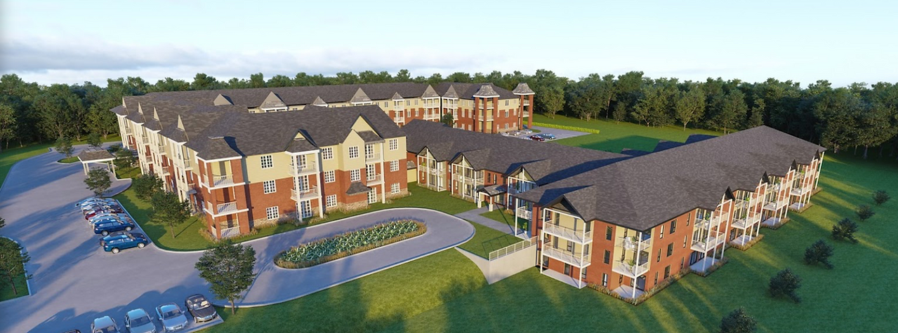 Une impression d'artiste d'un grand complexe d'appartements entouré d'arbres.