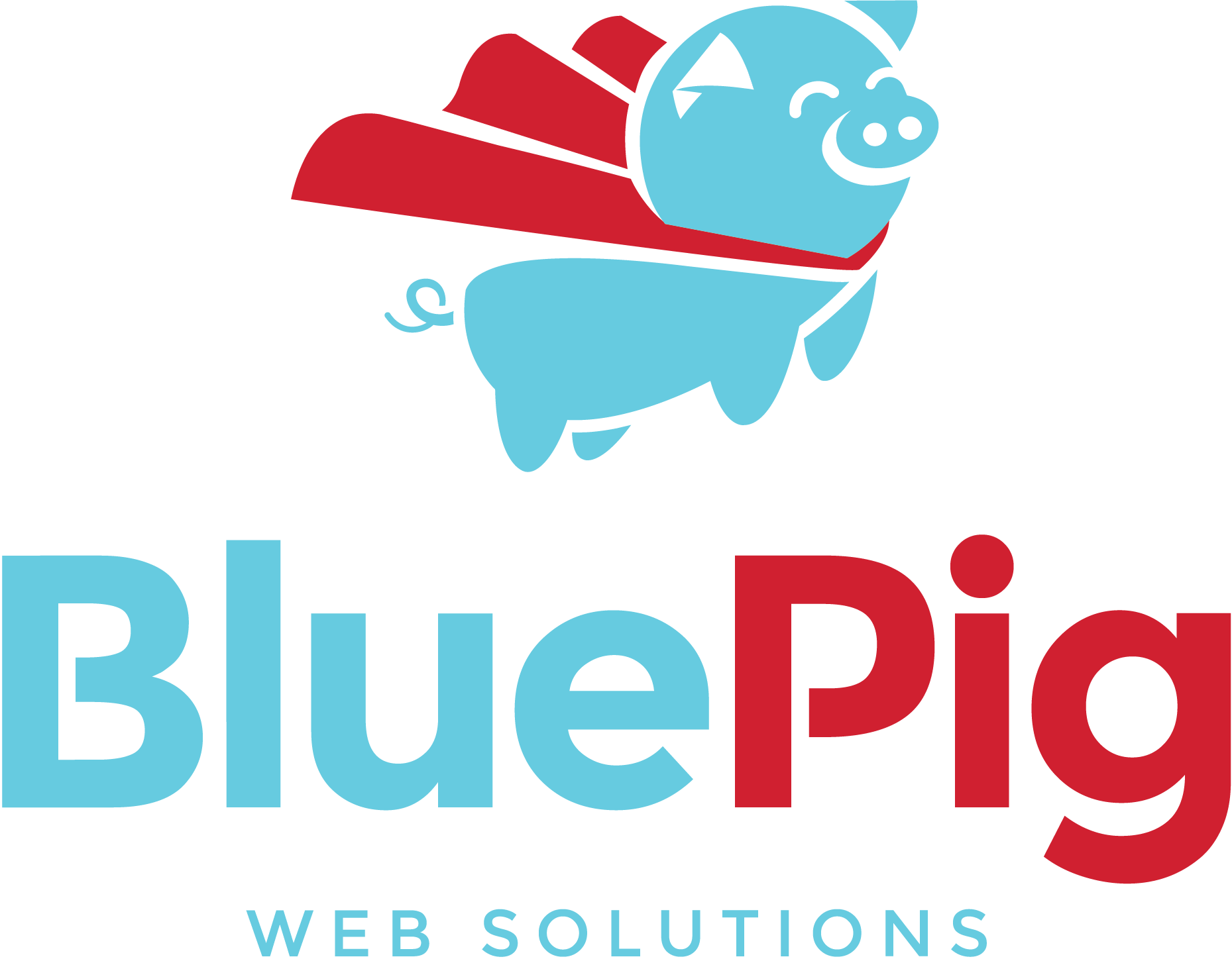 A logo for bluepig web solutions with a pig wearing a cape