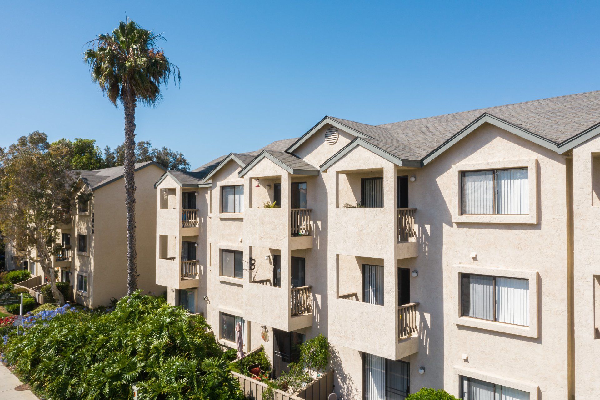 A large apartment building with a palm tree in front of it