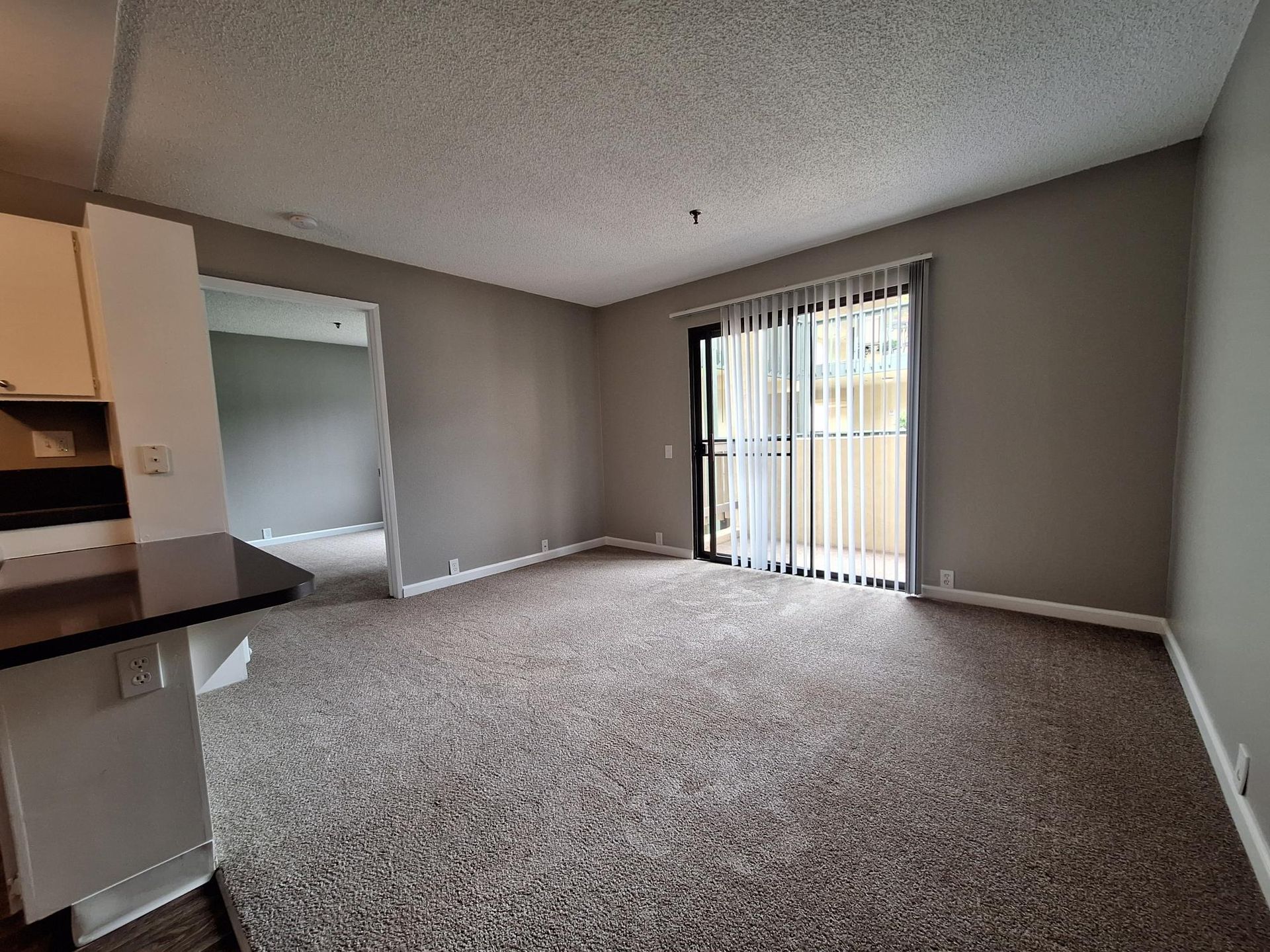 An empty living room with a sliding glass door and a balcony.