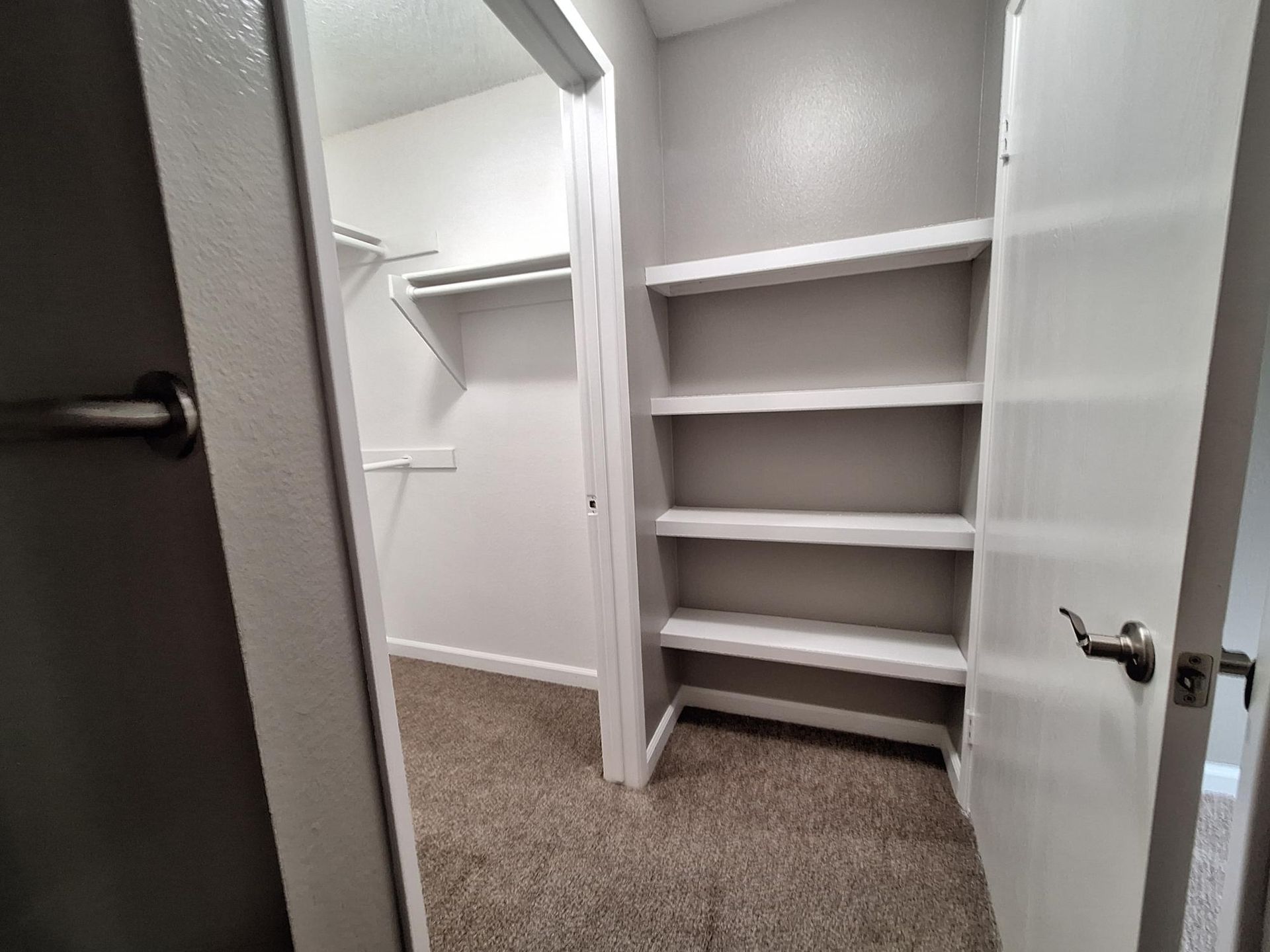 A walk in closet with shelves and a door in a house.
