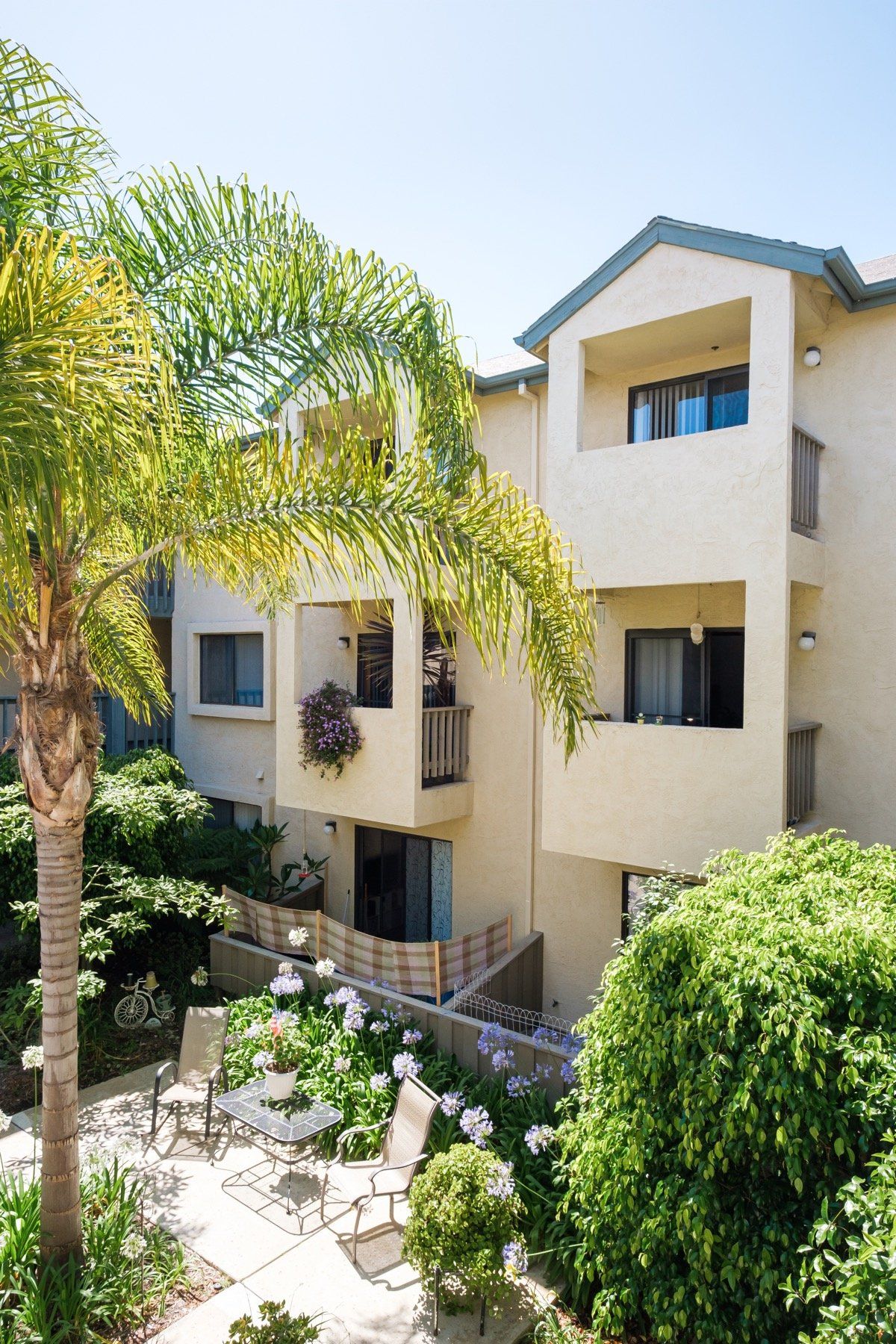 A large apartment building with a palm tree in front of it
