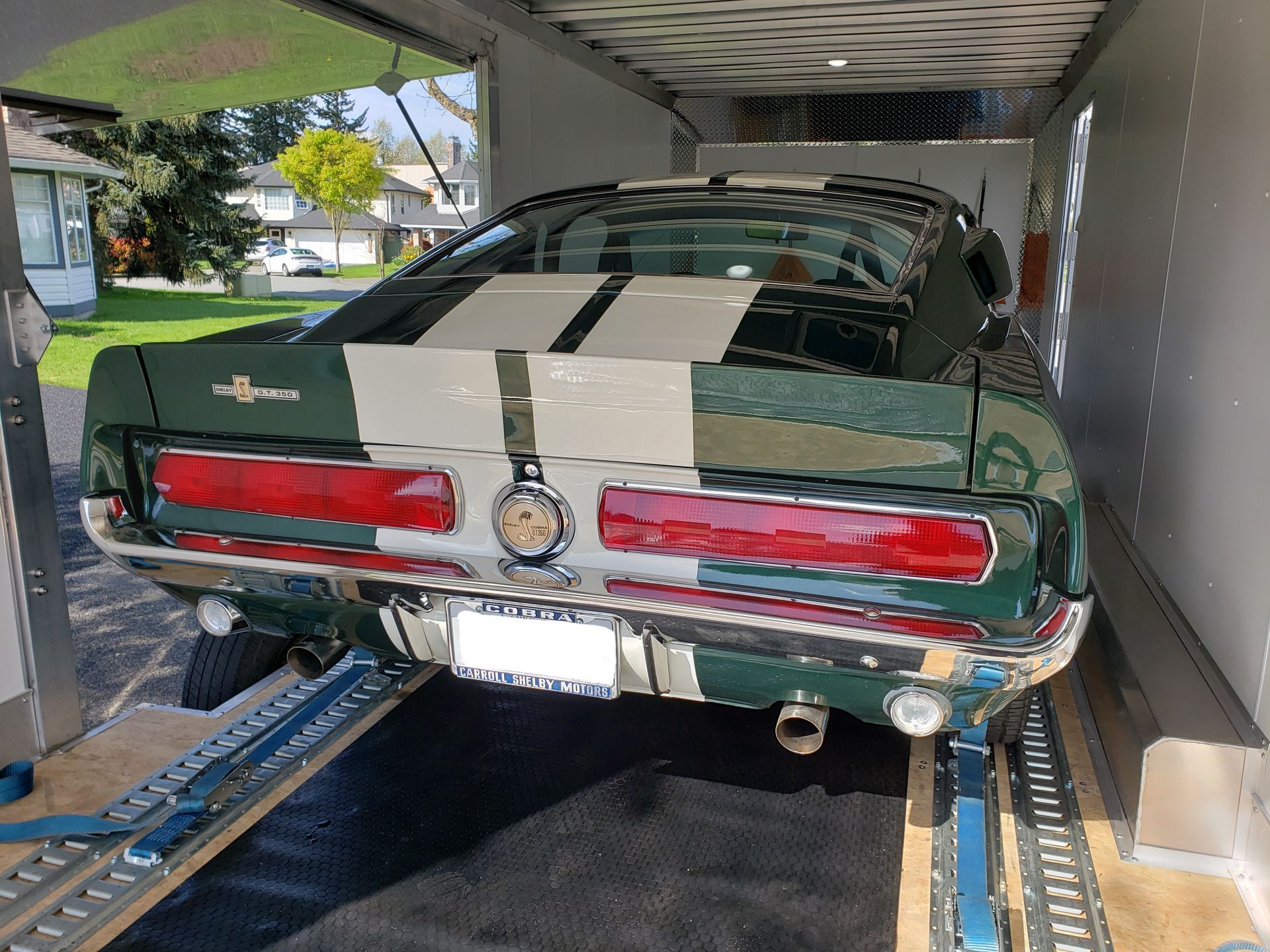 A green and white mustang is parked in a trailer.