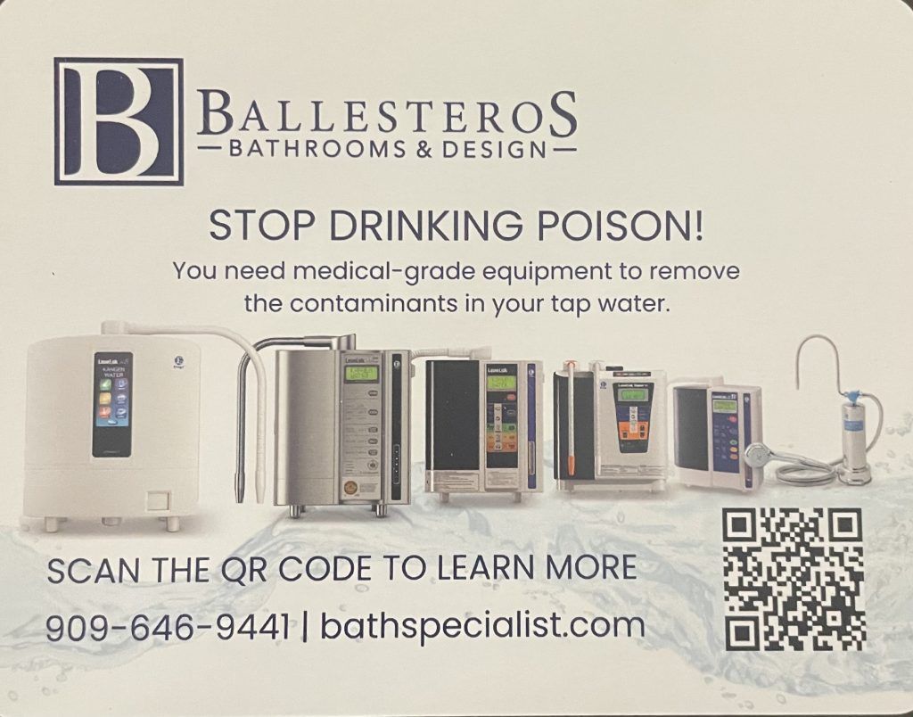 Ad for Ballesteros Bathrooms & Design, warning against tap water and promoting water filtration devices.