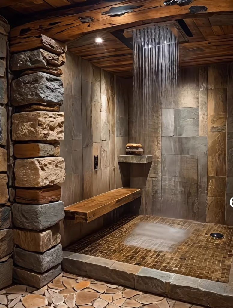 Rustic shower with stone walls, wooden bench and ceiling, rain shower head.