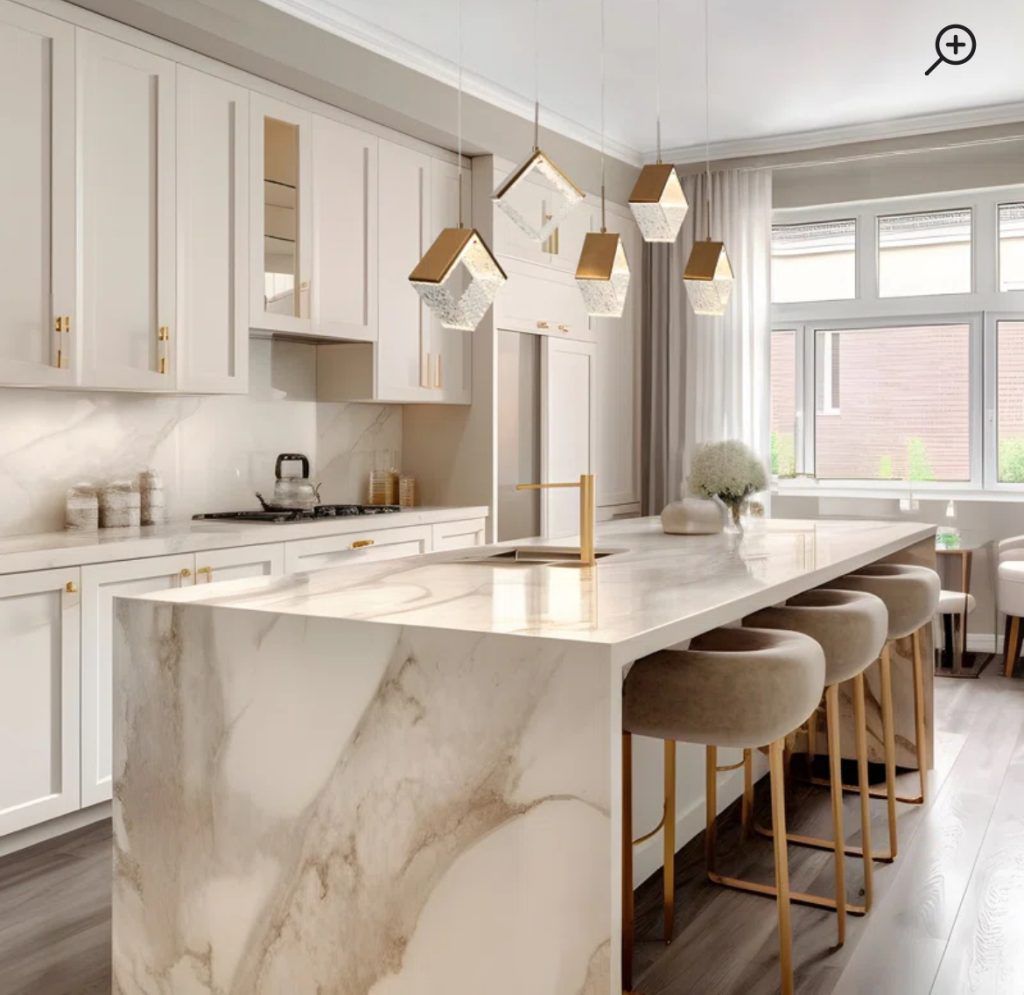 Elegant white kitchen with marble island, gold accents, and pendant lights.