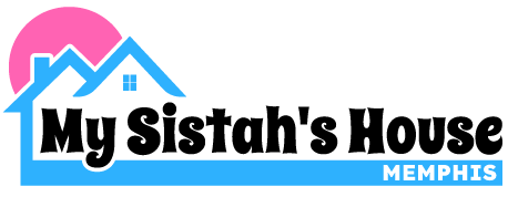 My Sistah's House Memphis logo with pink and blue house icon and bold black text