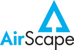 A blue and black logo for airscape with a triangle in the middle.