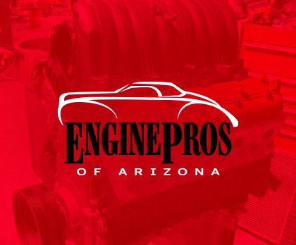 Logo for Engine Pros of Arizona, with a white car outline and black text on a red engine background.