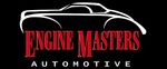 A logo for engine masters automotive with a silhouette of a car on a black background.