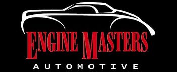 A logo for engine masters automotive with a silhouette of a car on a black background.