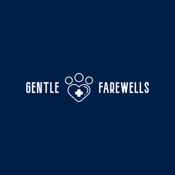 Gentle Farewells Logo, heart-shaped paw print with medical cross in the center in rose gold color. Blue lettering.