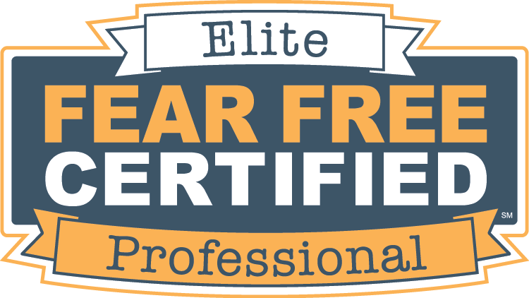 Elite Fear Free Certified Professional logo in yellow, blue-gray, and whit fonts.