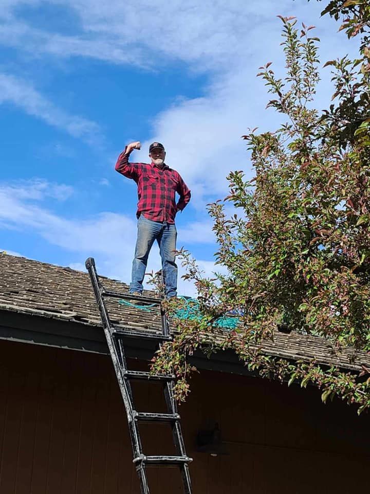 A man is standing on a ladder on the roof of a house.