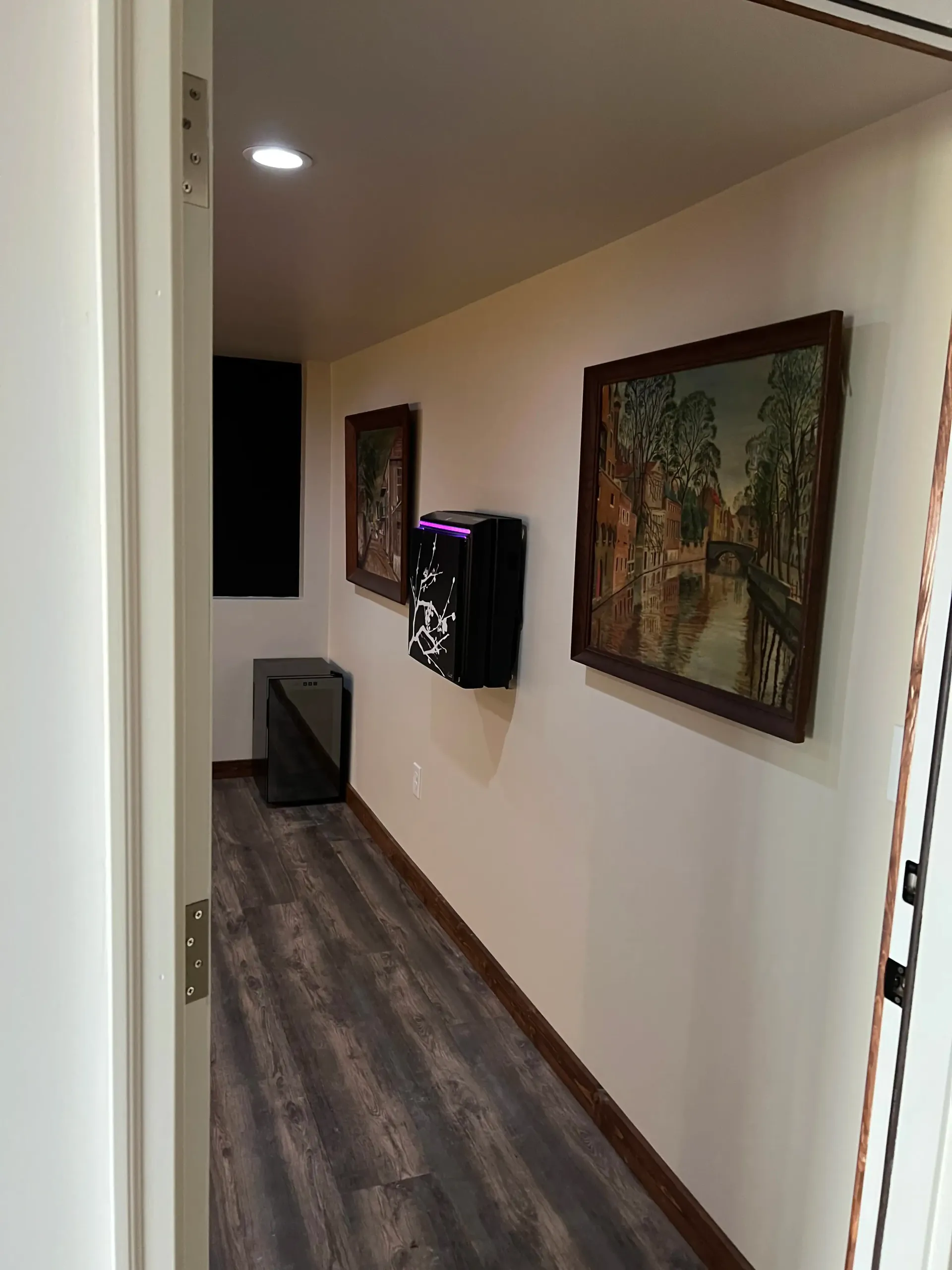 A hallway with dark wood-look flooring, two paintings on the walls, and a small black speaker unit mounted between them.