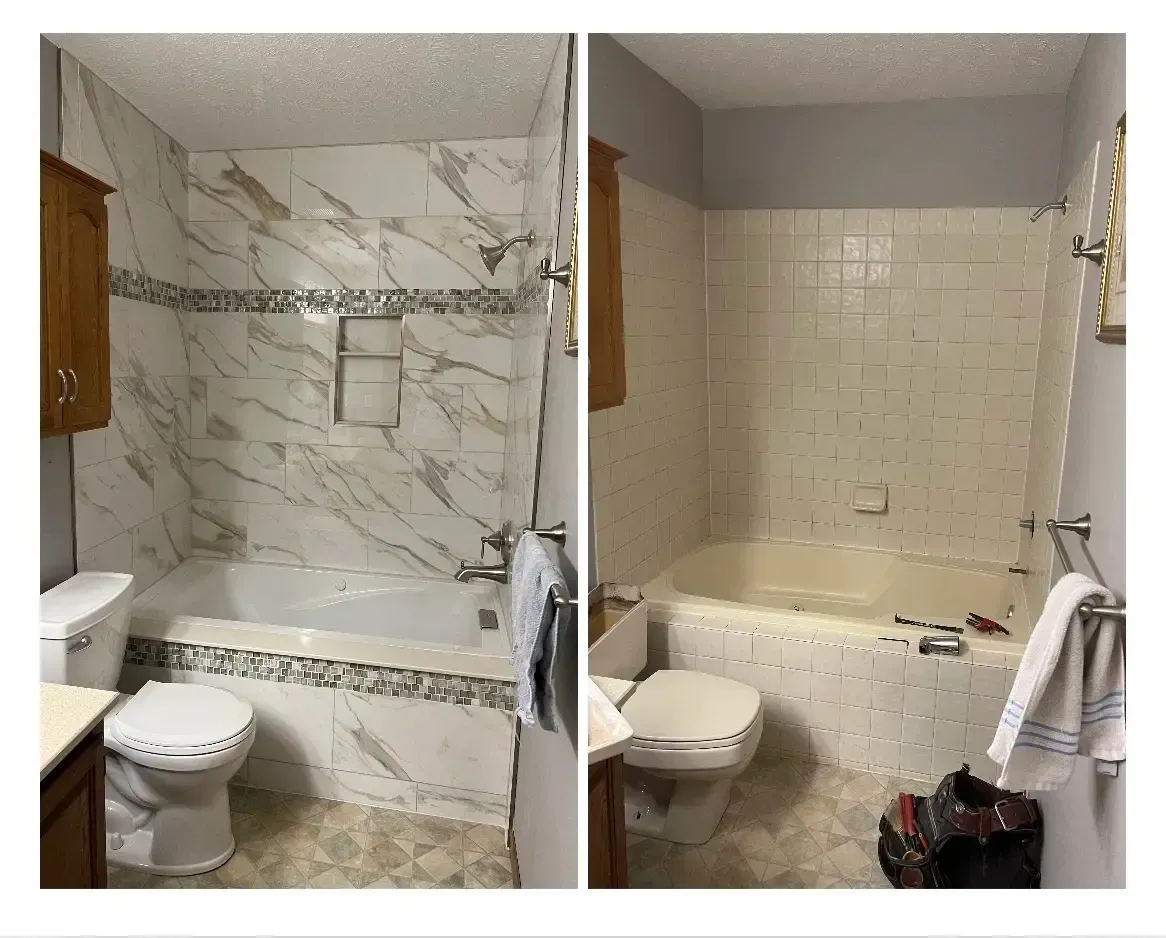 Before and after photos of a bathroom showing a tub surround renovation with marble-patterned tiles replacing old tiles.