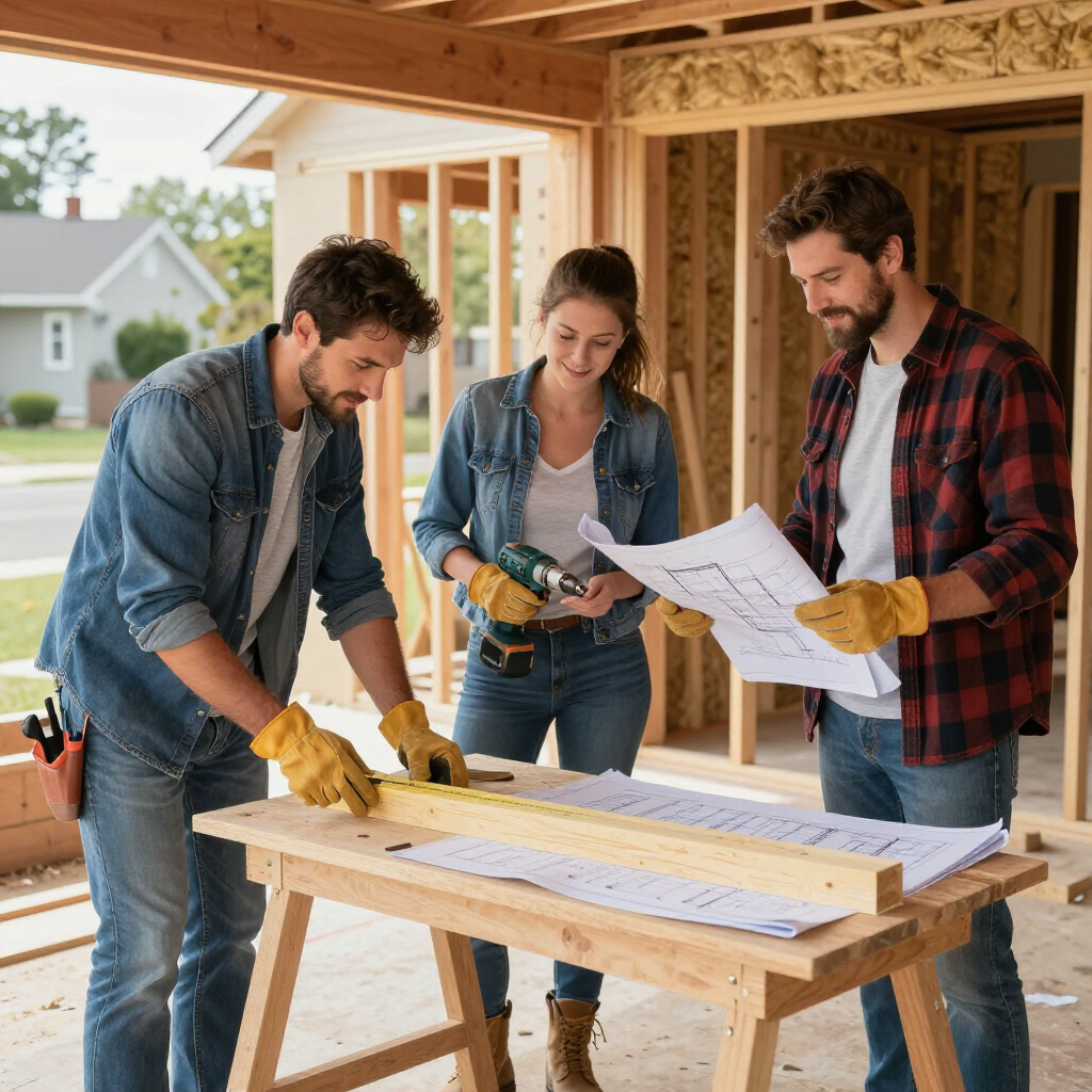 Three people in a wooden building structure reviewing construction plans on a workbench, with a drill and level nearby.