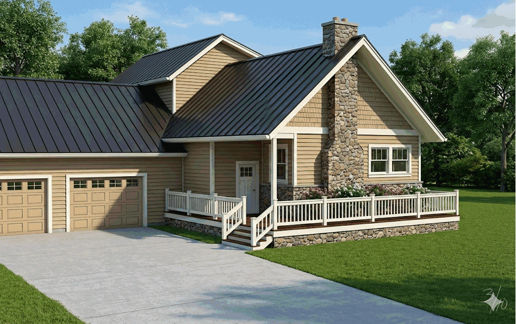 A tan house with a black metal roof, a stone chimney, a wraparound porch, and an attached two-car garage.