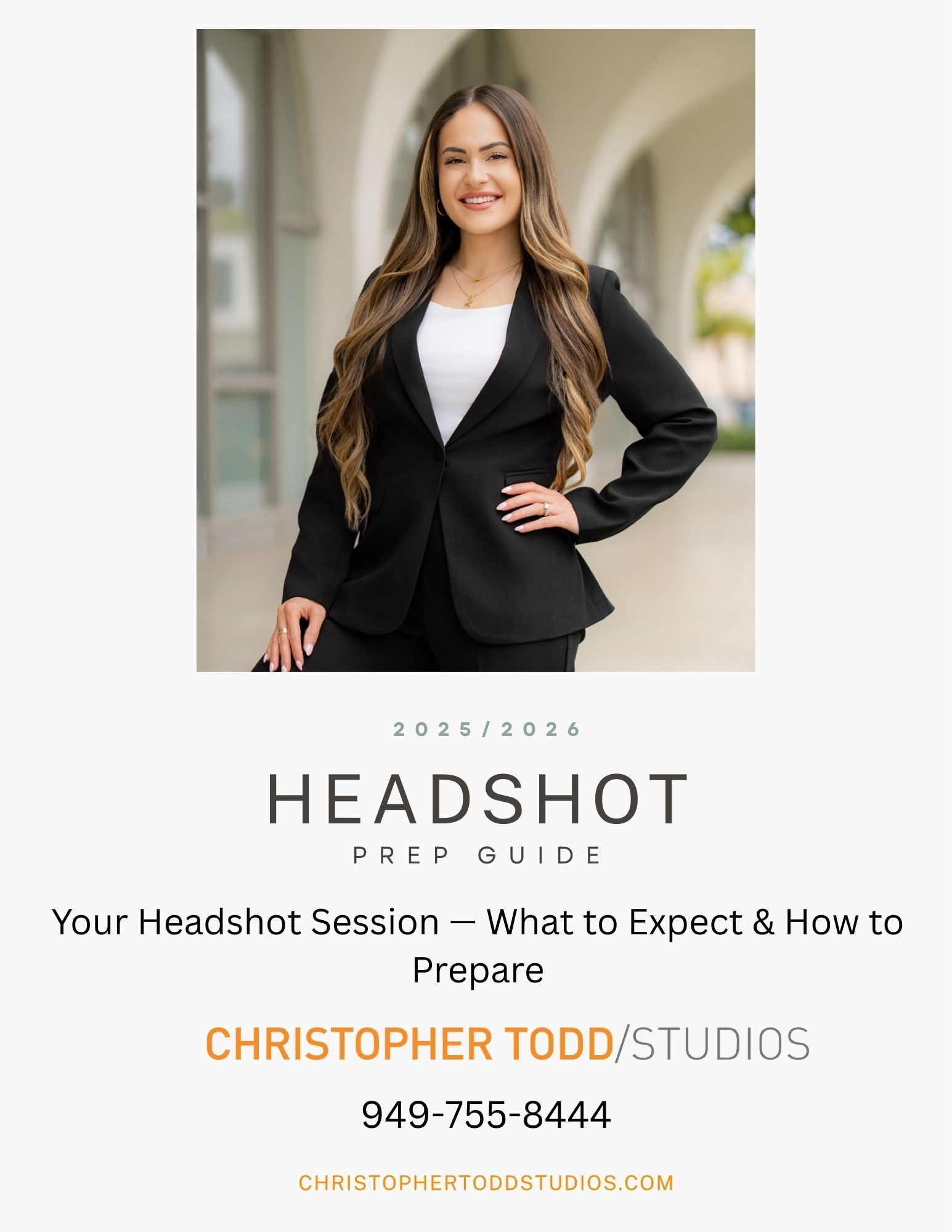 Woman in a suit, headshot guide cover, text: 