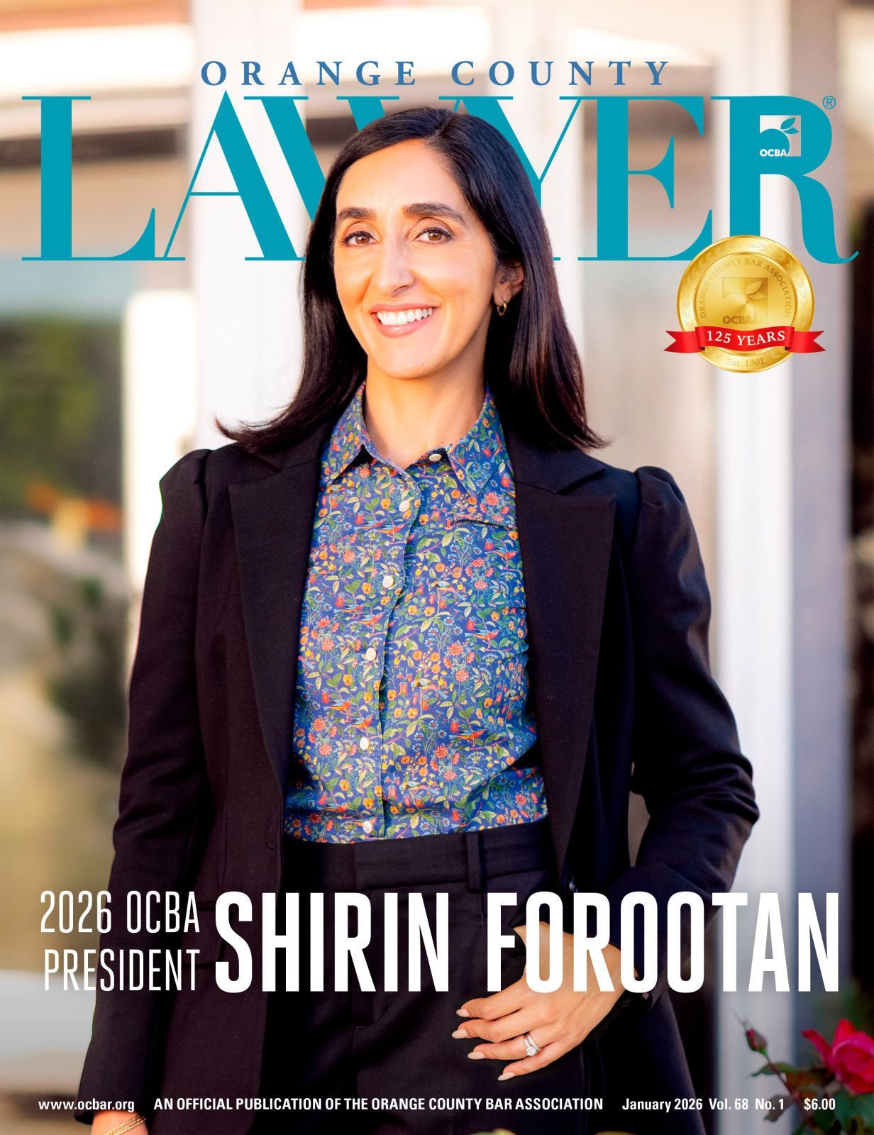 orange county lawyer magazine cover Orange County Lawyer magazine cover featuring Shirin Forootan, 2026 OCBA President, standing in a professional setting.