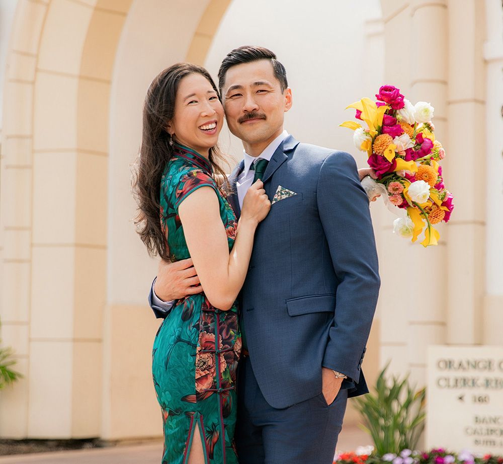 Bride and groom pose for Photo at Laguna Hills Civic Center
