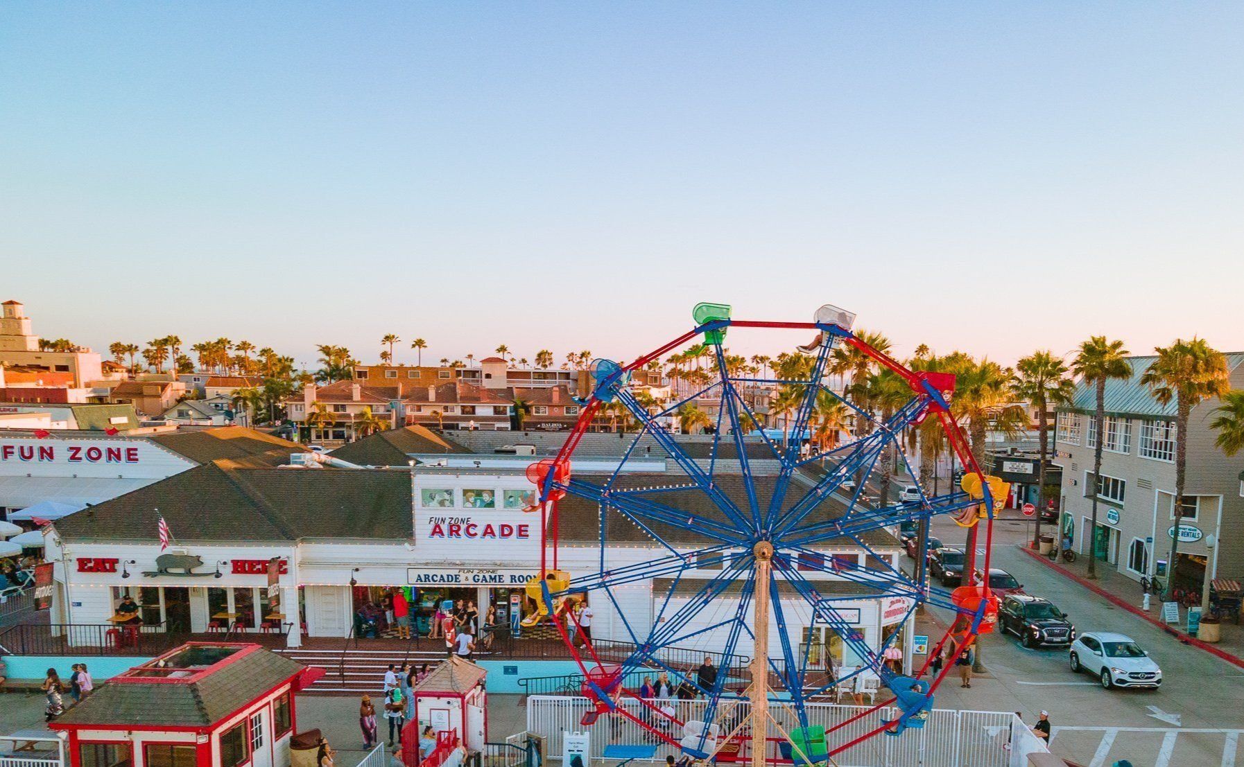 Ariel photo of the Balboa Fun Zone ferris wheel and arcade. 