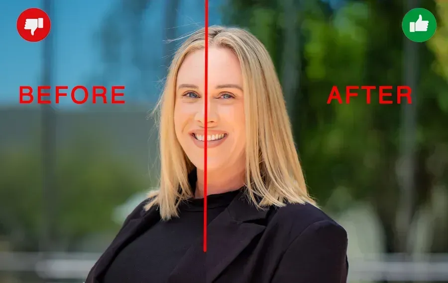 A before and after picture of a woman 's face.
