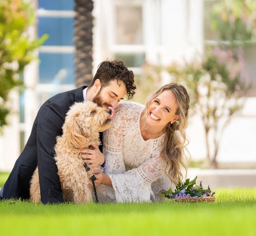 A bride and groom are laying in the grass with their dog.