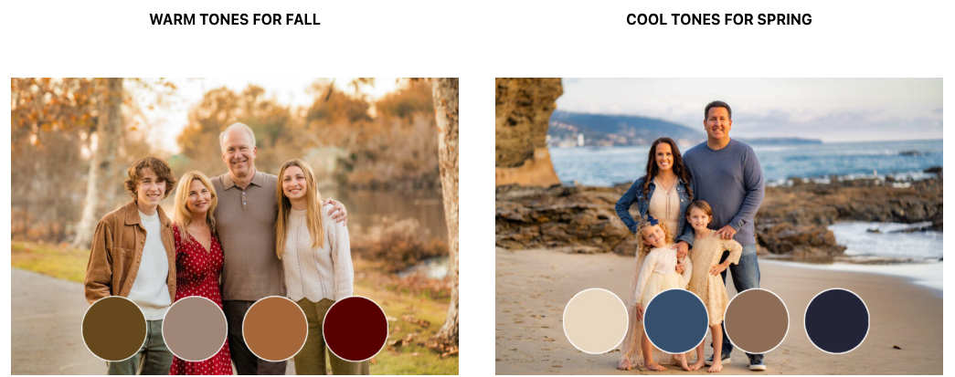 Fall colors For Family Portraits Two pictures of a family standing next to each other on a beach.