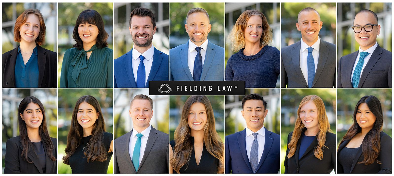 Law Firm headshots irvine Team headshots of the Fielding Law firm staff, dressed professionally, smiling.