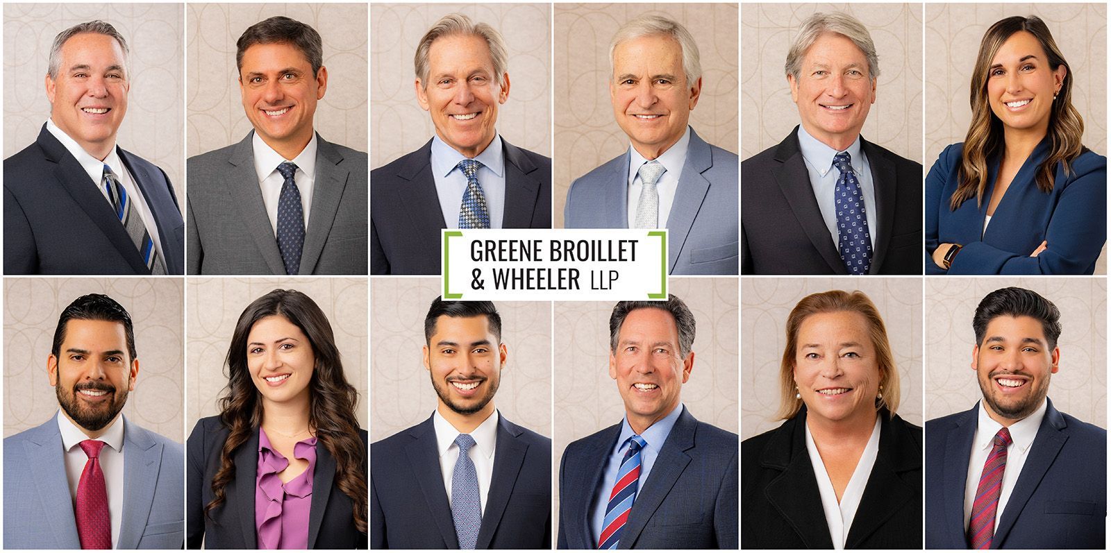 A collage of headshots showing twelve professionals in business attire at Greene Broillet & Wheeler LLP