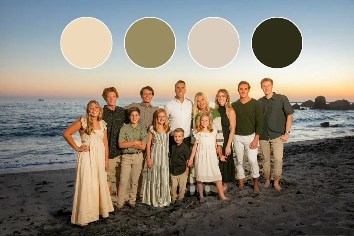 Family Outfit Ideas A large family is posing for a picture on the beach.