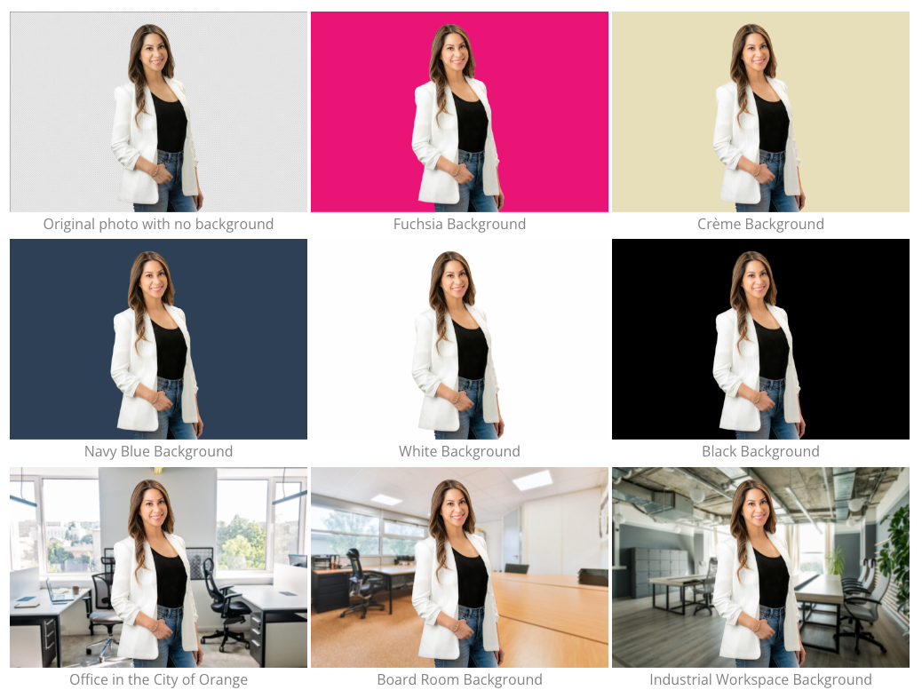A woman in a white jacket is composited on multiple backgrounds for her headshot