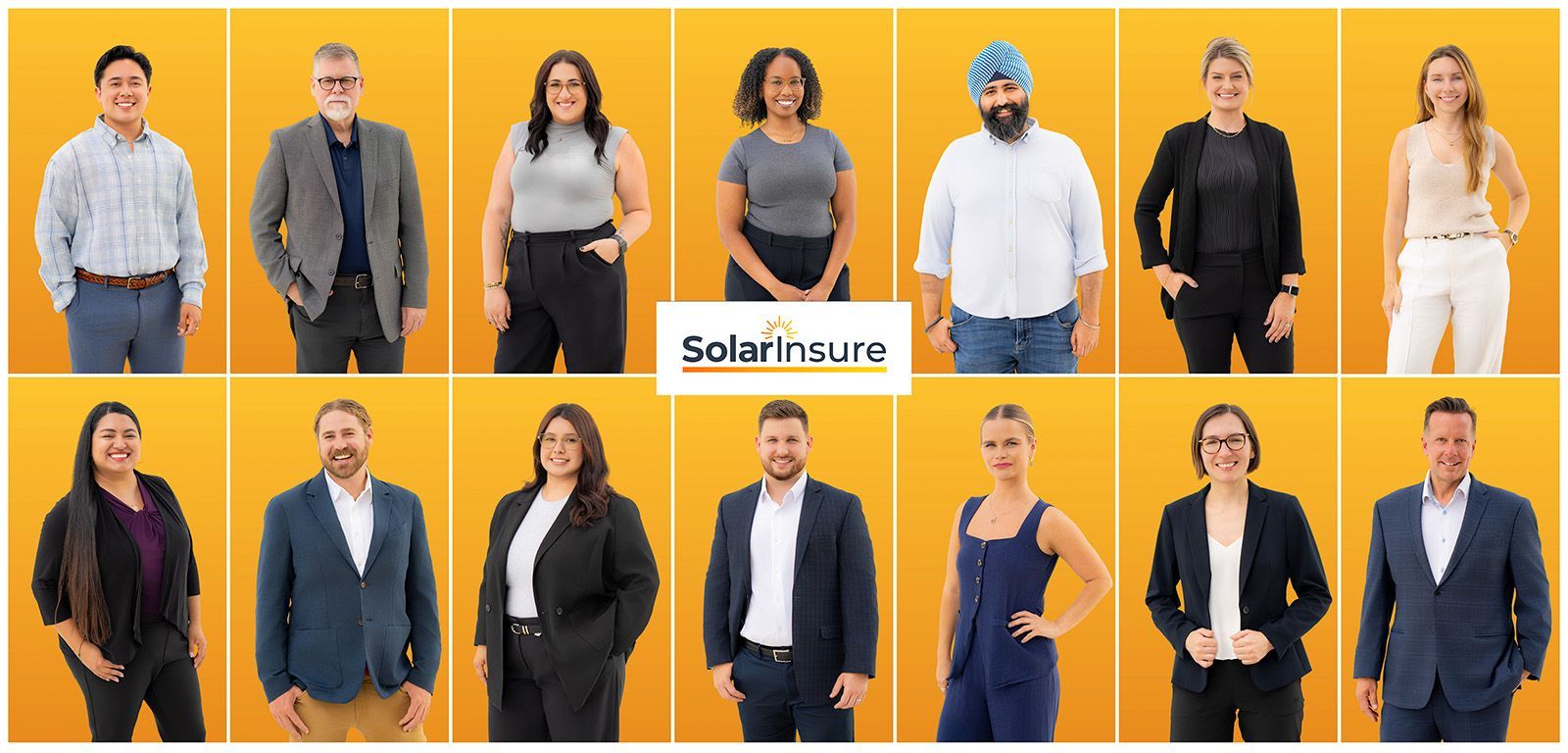On-site Corporate Headshots Orange County Photographer Group of people posing, in front of a yellow background, and the solarinsure logo. Costa Mesa, Orange County