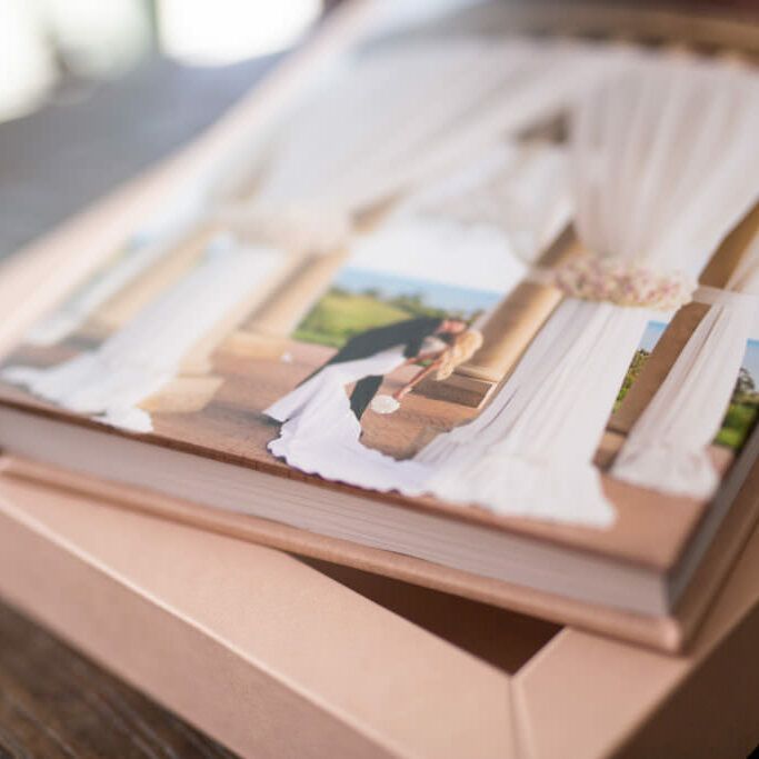 A book with a picture of a bride and groom on it