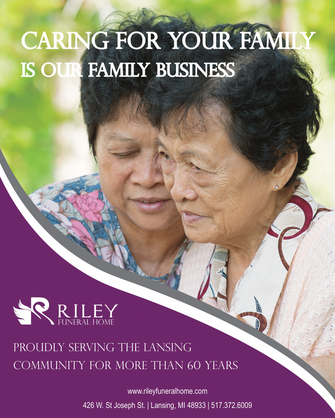 A funeral home advertisement featuring two individuals comforting one another, with the Riley Funeral Home branding below.