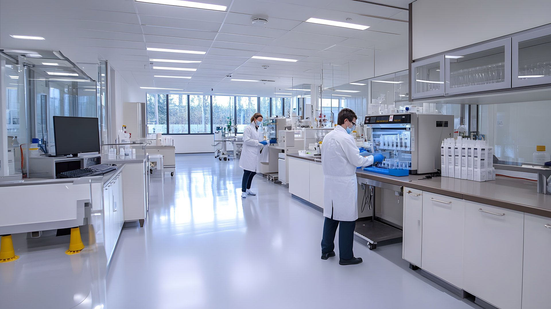 Two scientists in lab coats work at stations in a bright, modern, white-toned clinical laboratory.