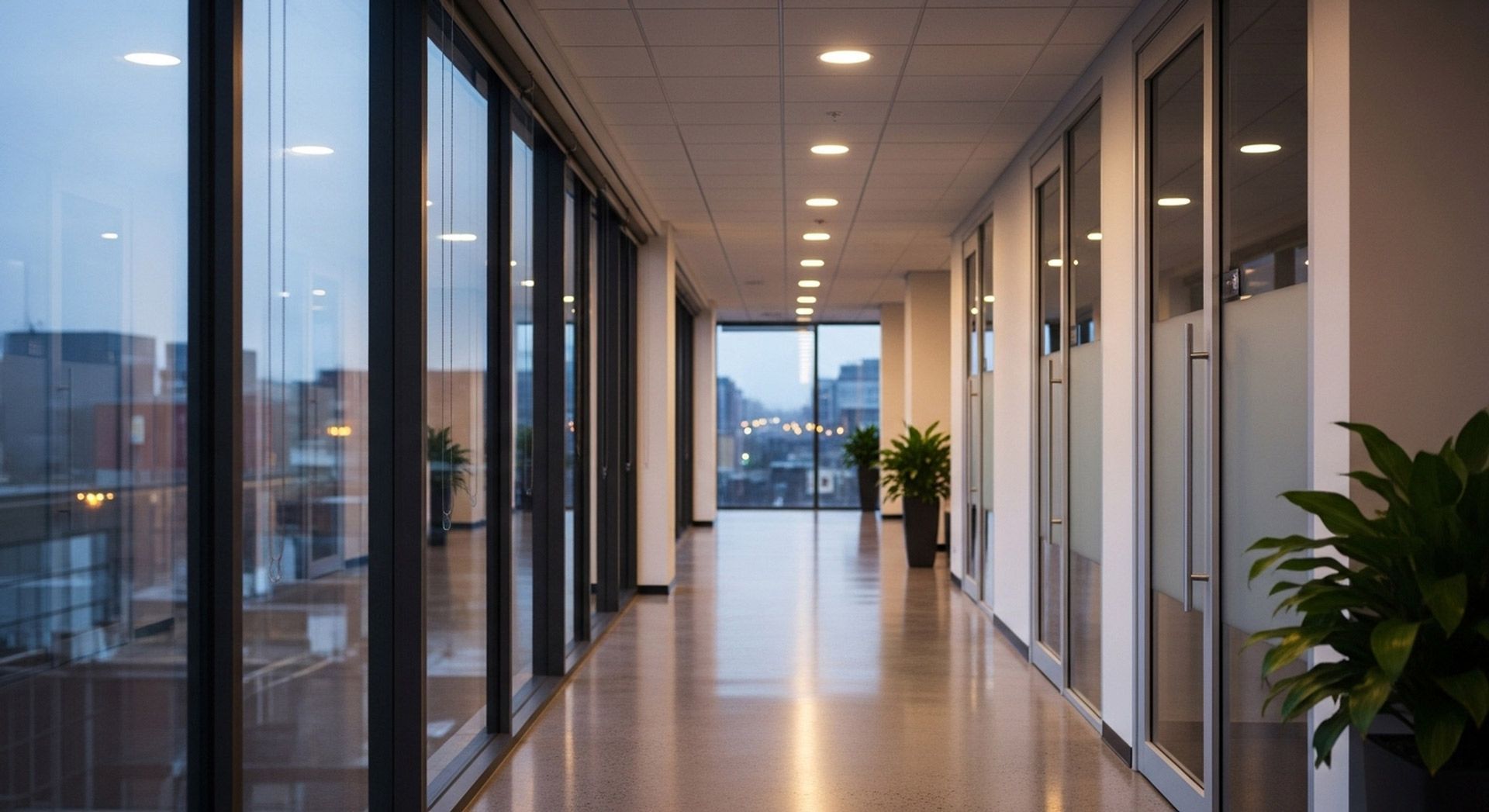 A long, modern office hallway with floor-to-ceiling windows on the left, glass-paneled office doors, and indoor plants.