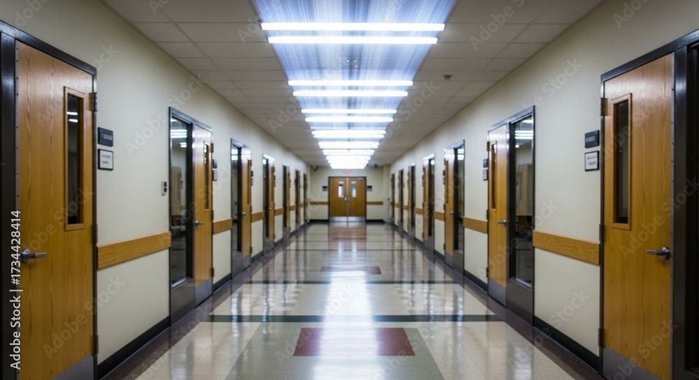 A person in blue cleaning uniform mopping a wooden office floor. A wet floor sign and cleaning cart are present.